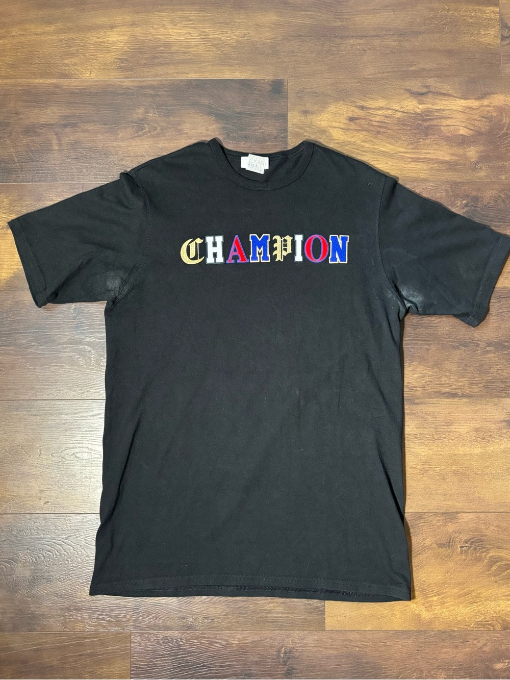 Champion Black Tee Men's Large Multicolor Spellout Vintage Embroidered